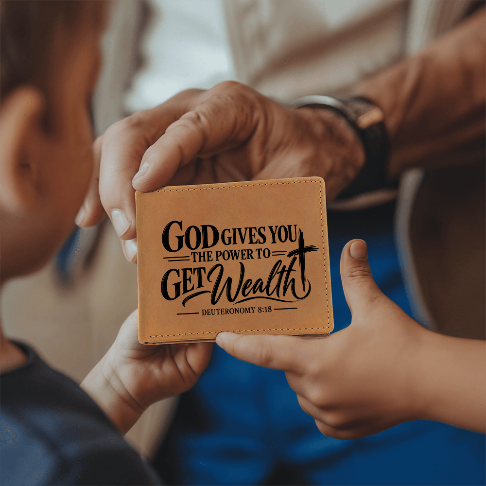 Deuteronomy 8:18 Leather Wallet for Men - God Gives You Power to Get Wealth - Christian Money Blessing Gift