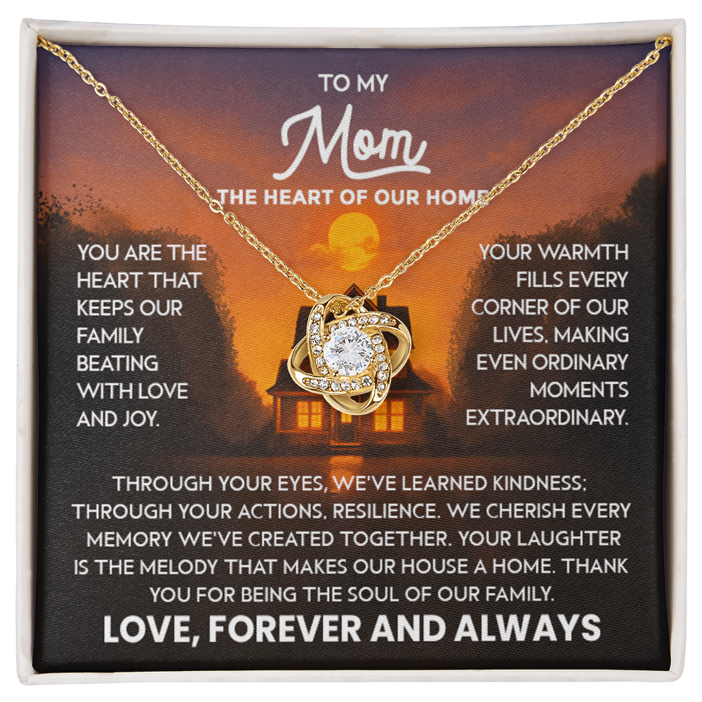 Mom Necklace for Women Stainless Steel, Mom Gifts for Birthday from Son, To My Mom the Heart of Our Home Message Card Jewelry with Love Knot Pendant