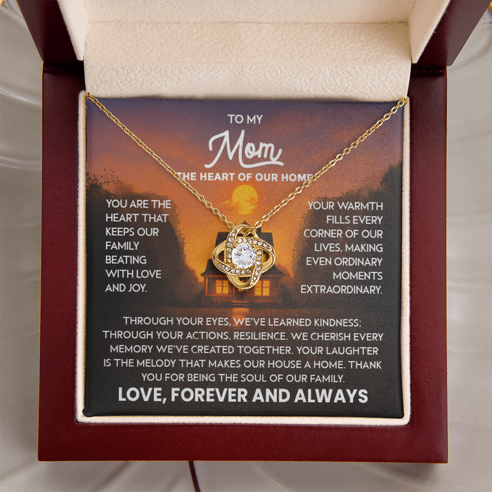 Mom Necklace for Women Stainless Steel, Mom Gifts for Birthday from Son, To My Mom the Heart of Our Home Message Card Jewelry with Love Knot Pendant