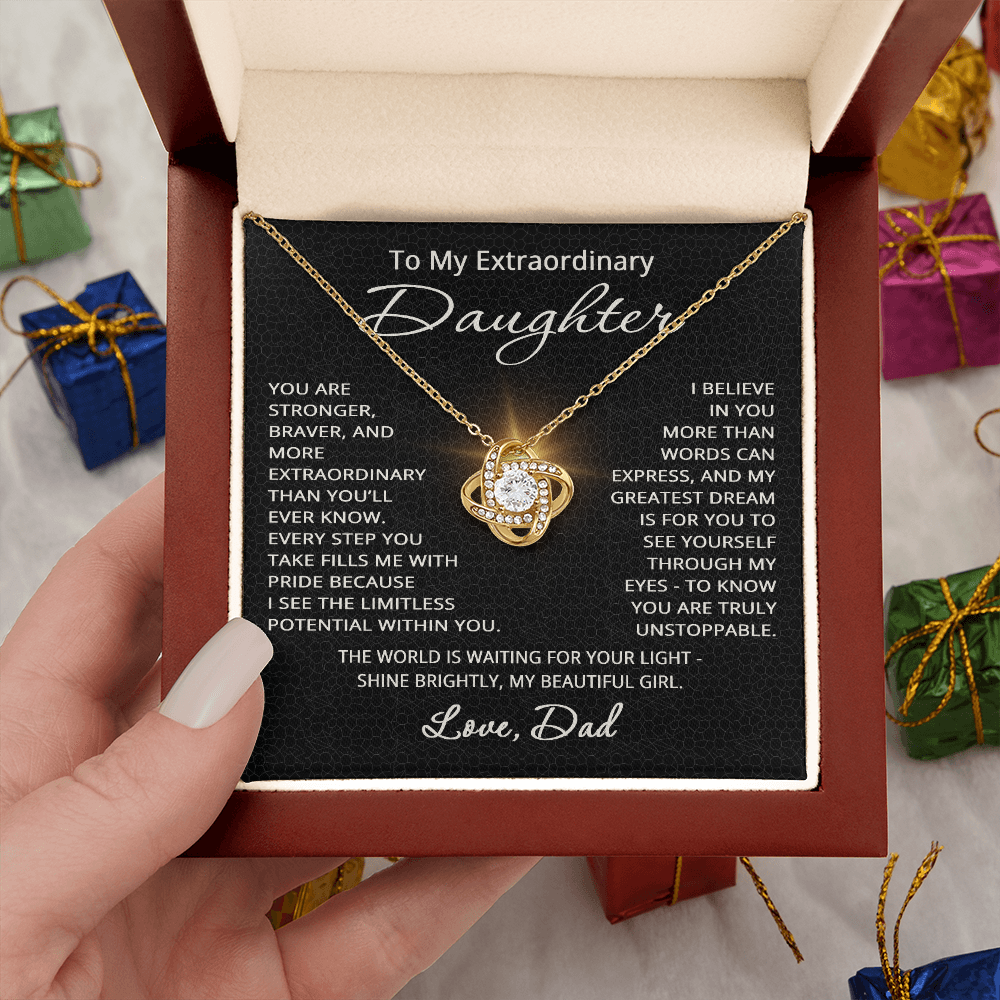 To My Extraordinary Daughter Necklace from Dad Christmas Birthday Jewelry from Father for Daughter Gift with Heartfelt Message Love Knot Pendant