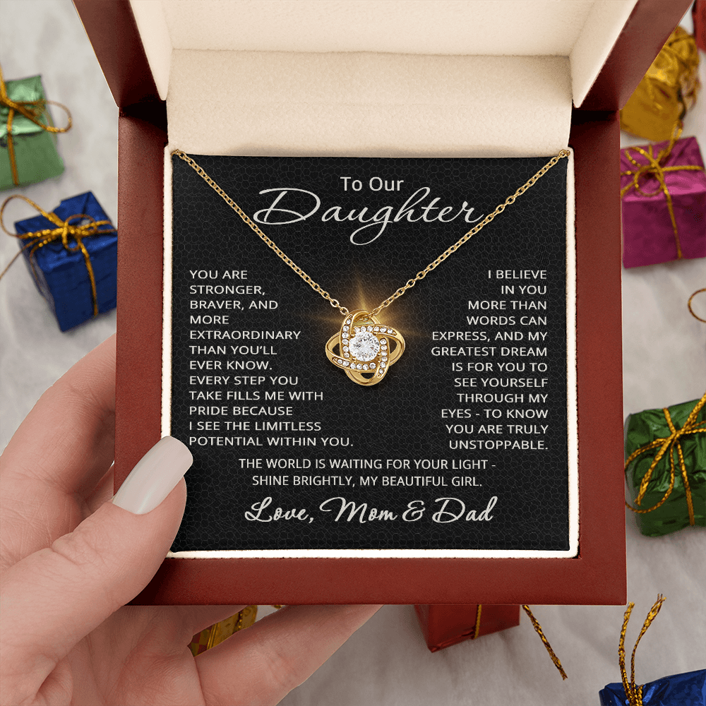 To Our Daughter Necklace – Gift from Mom and Dad – Love Knot Pendant for Birthday or Christmas