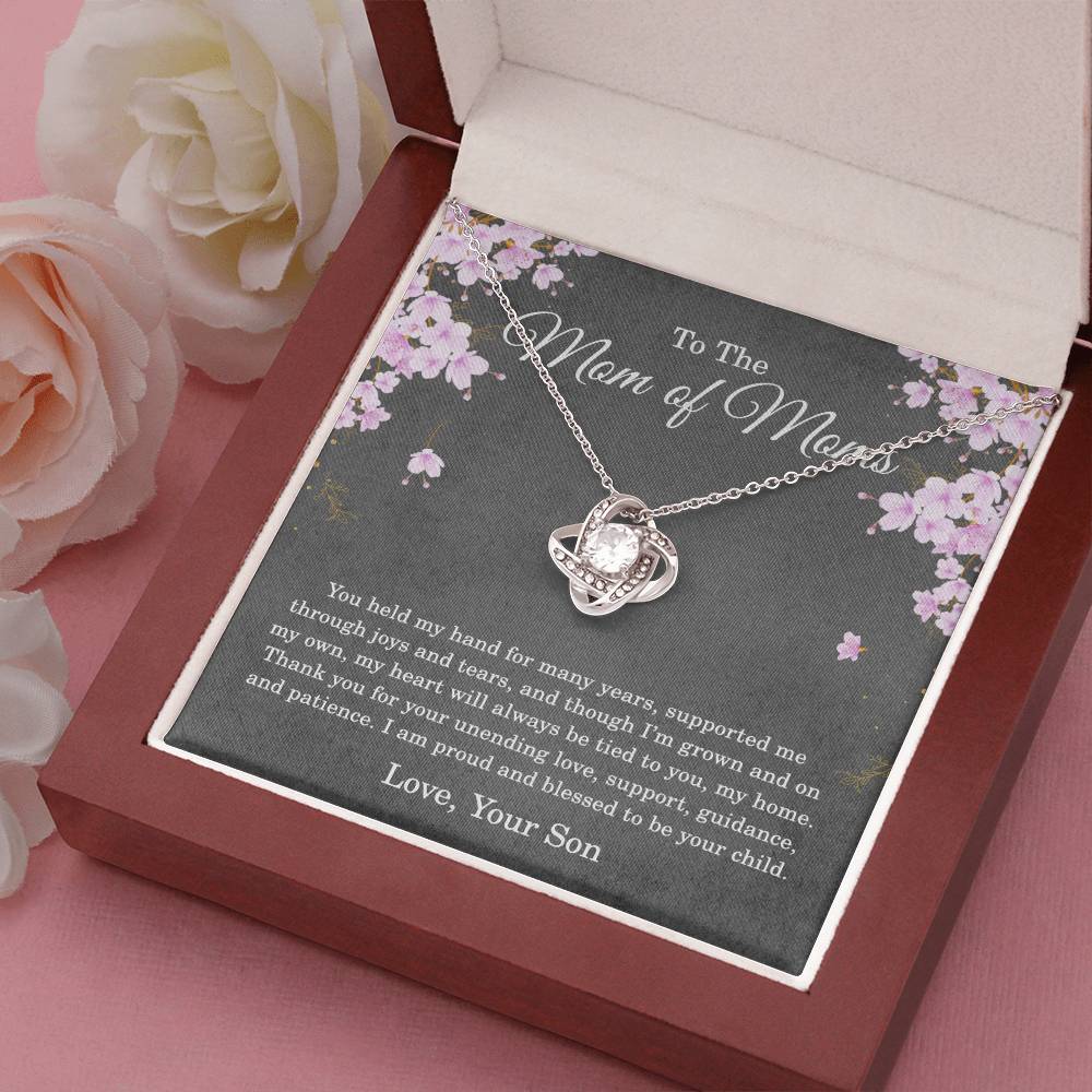 To the Mom of Moms Necklace from Son with Message Card, Sentimental Love Knot Gift for Mom