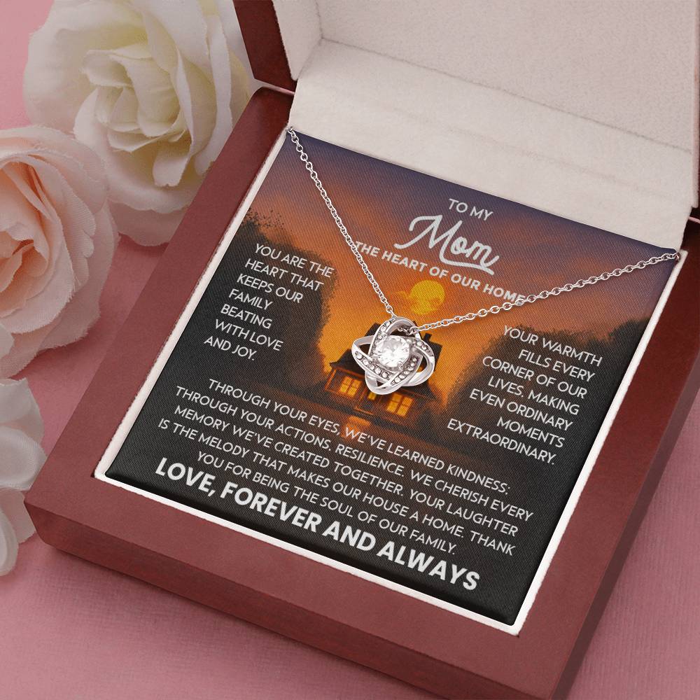 Mom Necklace for Women Stainless Steel, Mom Gifts for Birthday from Son, To My Mom the Heart of Our Home Message Card Jewelry with Love Knot Pendant