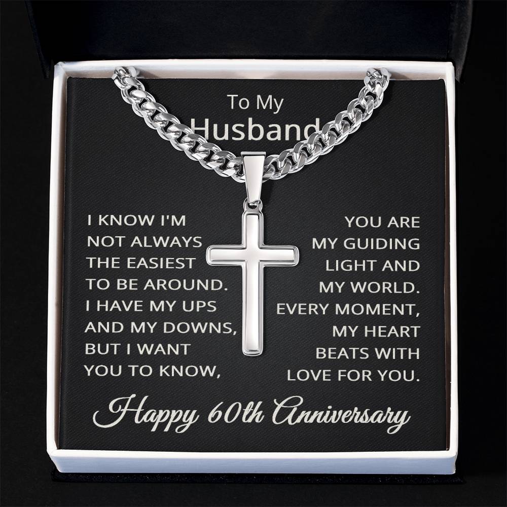 60th Anniversary Necklace for Husband 60 Years Anniversary Jewelry for Him Men Cuban Link Chain with Cross Pendant