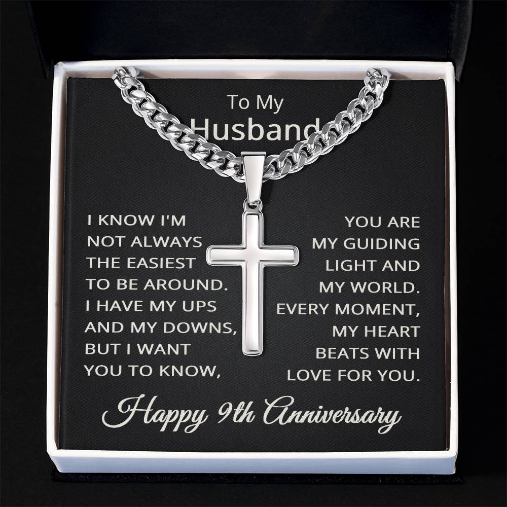 9th Anniversary Necklace for Husband 9 Years Anniversary Jewelry for Him Men Cuban Link Chain with Cross Pendant