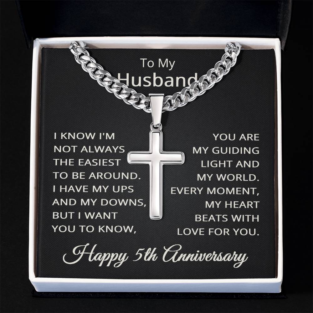 5th Anniversary Necklace for Husband 5 Years Anniversary Jewelry for Him Men Cuban Link Chain with Cross Pendant