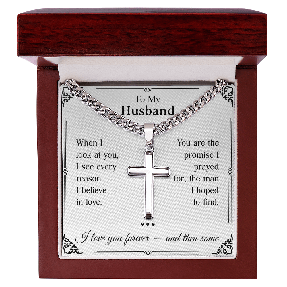 To My Husband Cross Necklace - Men's Adjustable Stainless Steel Cuban Link Chain Gift - - "Forever & Then Some" Husband Message Card