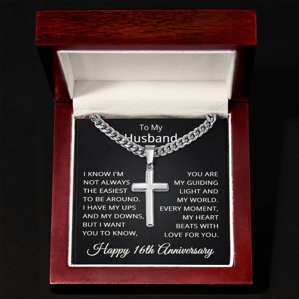 16th Anniversary Necklace for Husband 16 Years Anniversary Jewelry for Him Men Cuban Link Chain with Cross Pendant