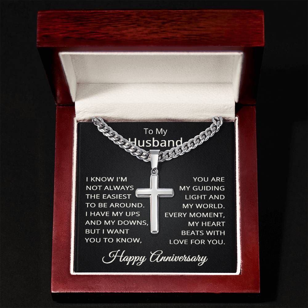 Husband Happy Anniversary Necklace for Husband To My Husband Jewelry for Him Men Cuban Link Chain with Cross Pendant