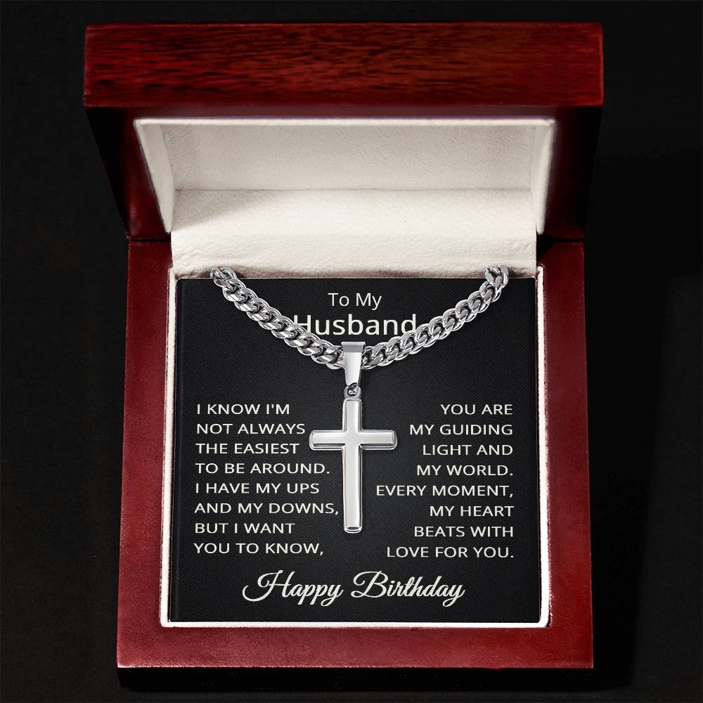 Husband Birthday Necklace for Husband Happy Birthday Gift for Him Men Jewelry Cuban Link Chain with Cross Pendant