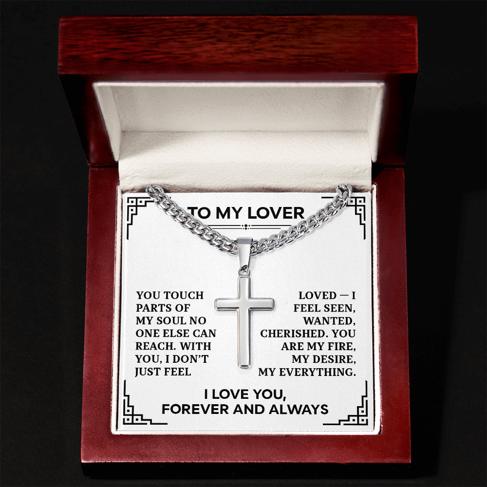 Cuban Link Cross Necklace for Him - "To My Lover" Card - Men's Adjustable Stainless Steel Cuban Chain with Cross