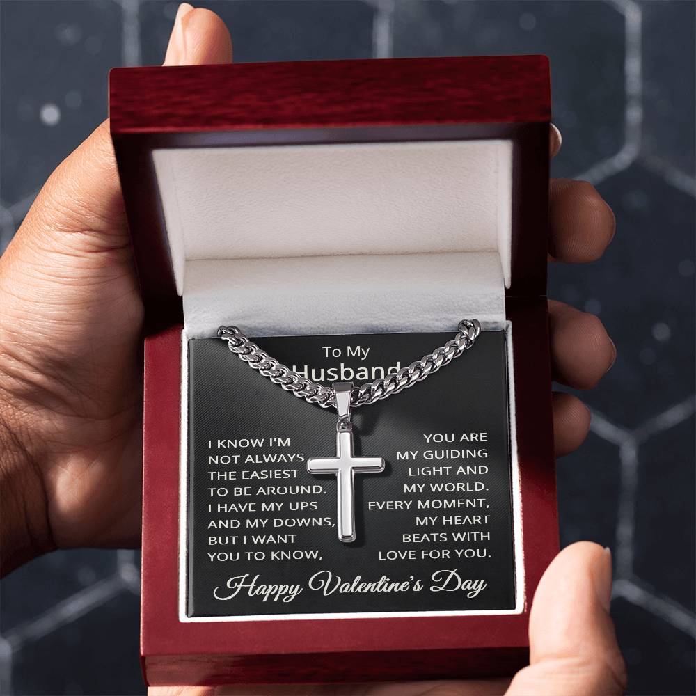Valentines Day Gift for Husband Valentine's Day Necklace for Husband To My Husband Necklace Jewelry for Him Men Cuban Link Chain with Cross Pendant