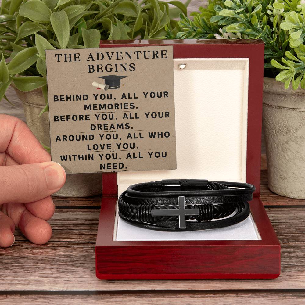 Graduate Gifts for Him Graduation Bracelet for Men Christian Gradation Gift The Adventure Begins Before You All Your Dreams Around You All Who Love You Graduate Men's Cross Bracelet