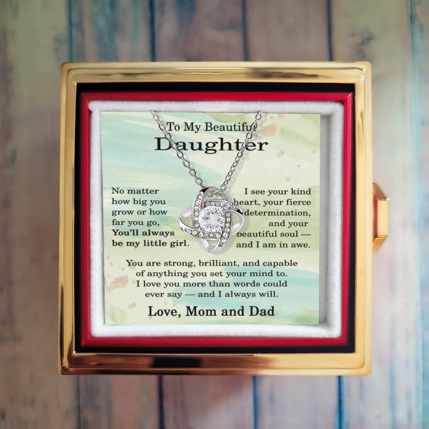To My Beautiful Daughter Necklace from Mom and Dad, Daughter Love Knot Necklace with Rotating Rose Gift Box