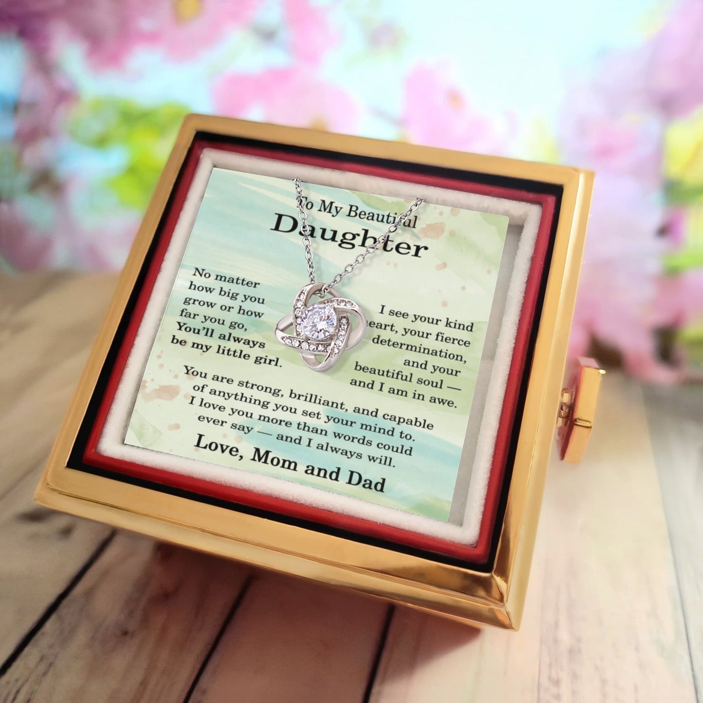To My Beautiful Daughter Necklace from Mom and Dad, Daughter Love Knot Necklace with Rotating Rose Gift Box