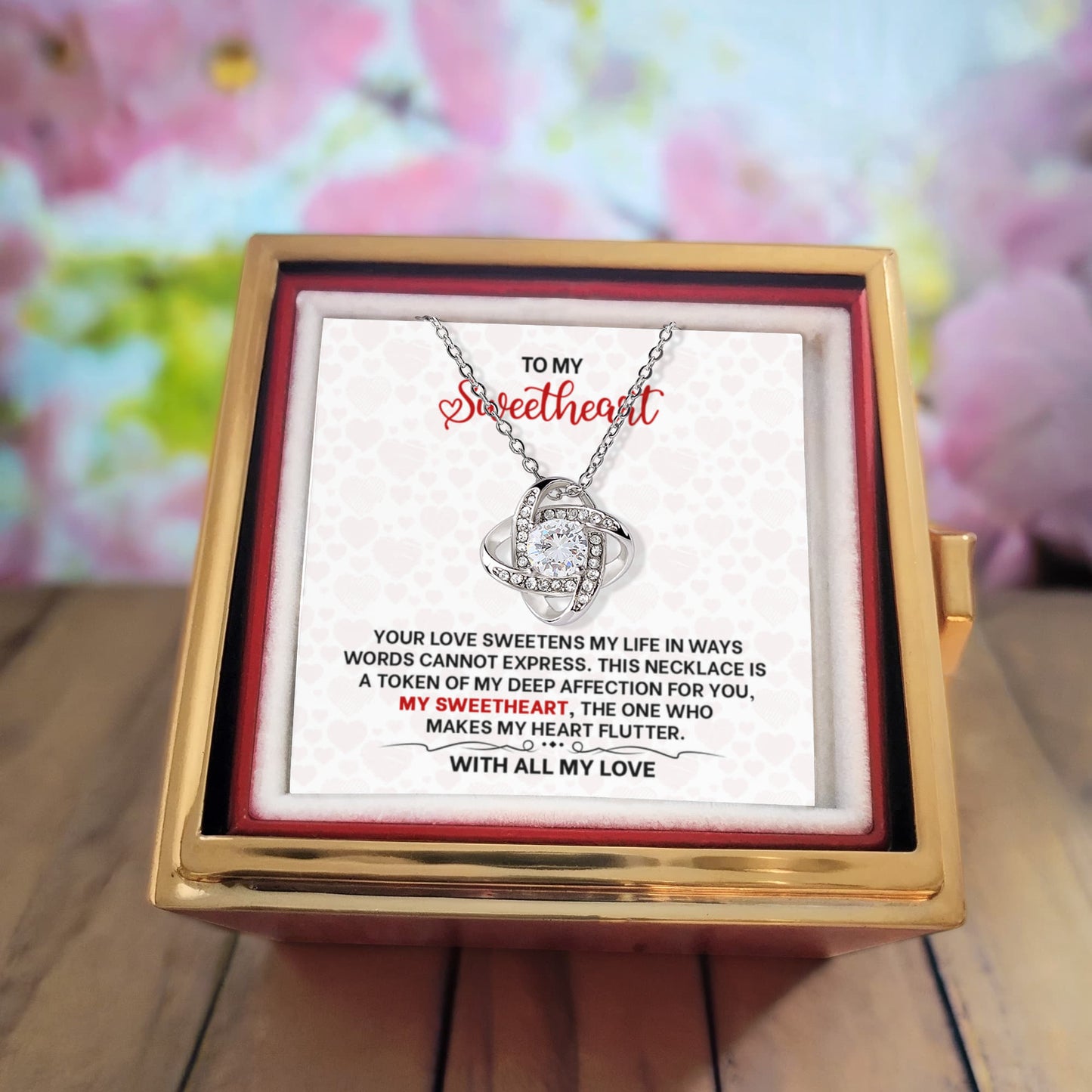 To My Sweetheart Necklace – Romantic Gift for Wife Girlfriend - Love Knot Necklace in Gold Box with Red Rose - for Anniversary, Birthday, Christmas