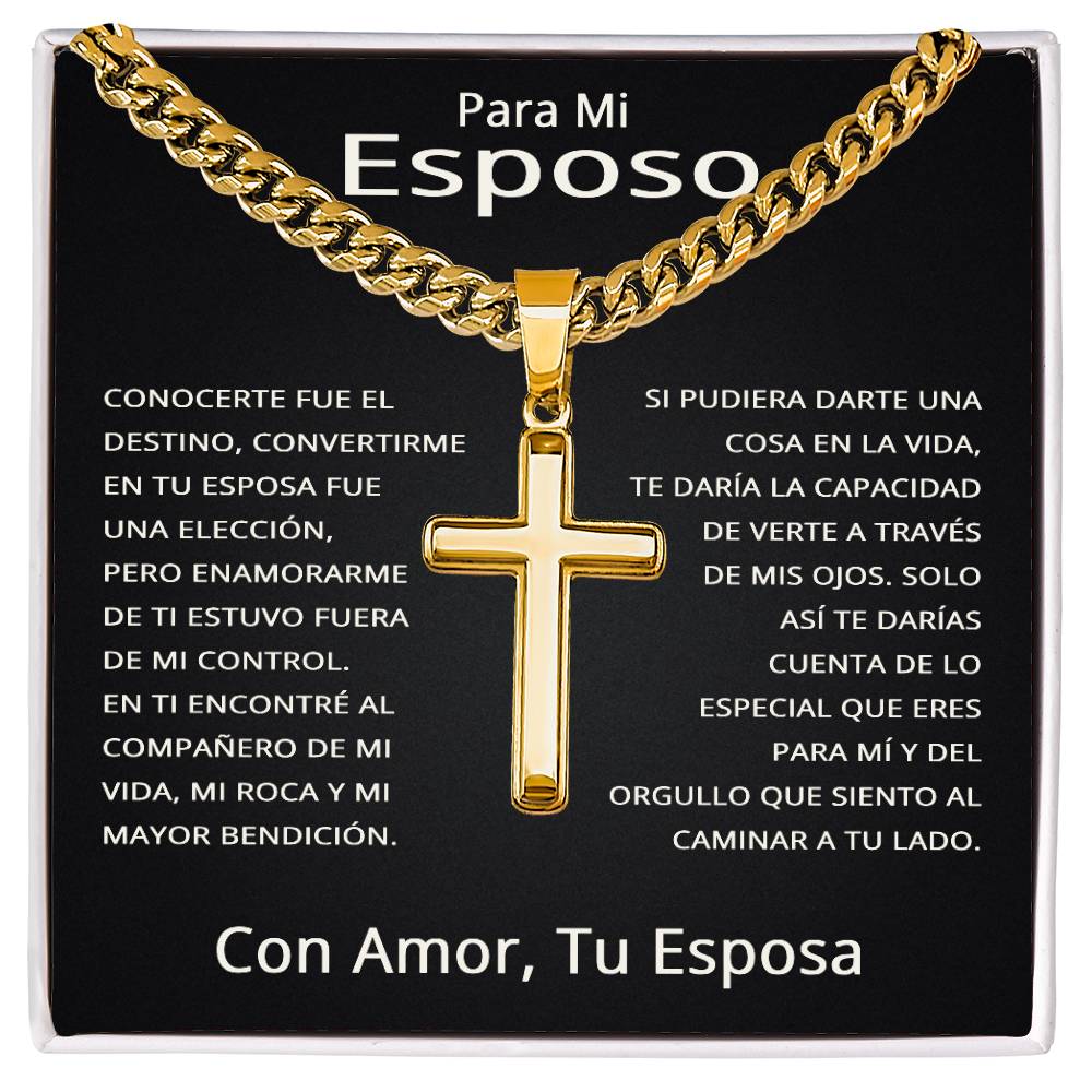 Collar de cruz para hombre en caja estándar, regalo de San Valentín con mensaje romántico en español.