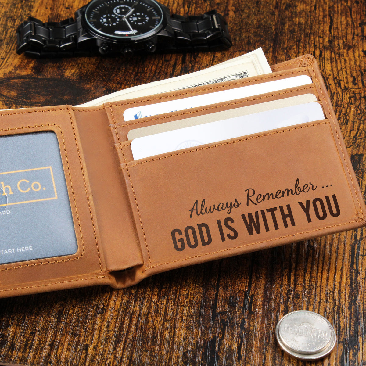 God Is With You Wallet - Joshua 1:9 Gifts for Men - Christian Leather Wallet for Husband
