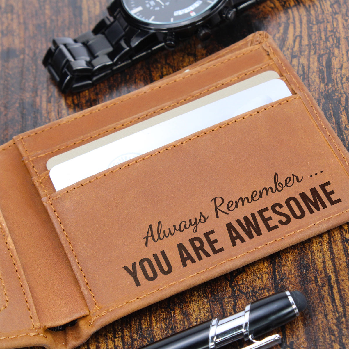 Always Remember You Are Awesome Wallet - Genuine Leather Wallet for Men - Inspirational Gift for Him