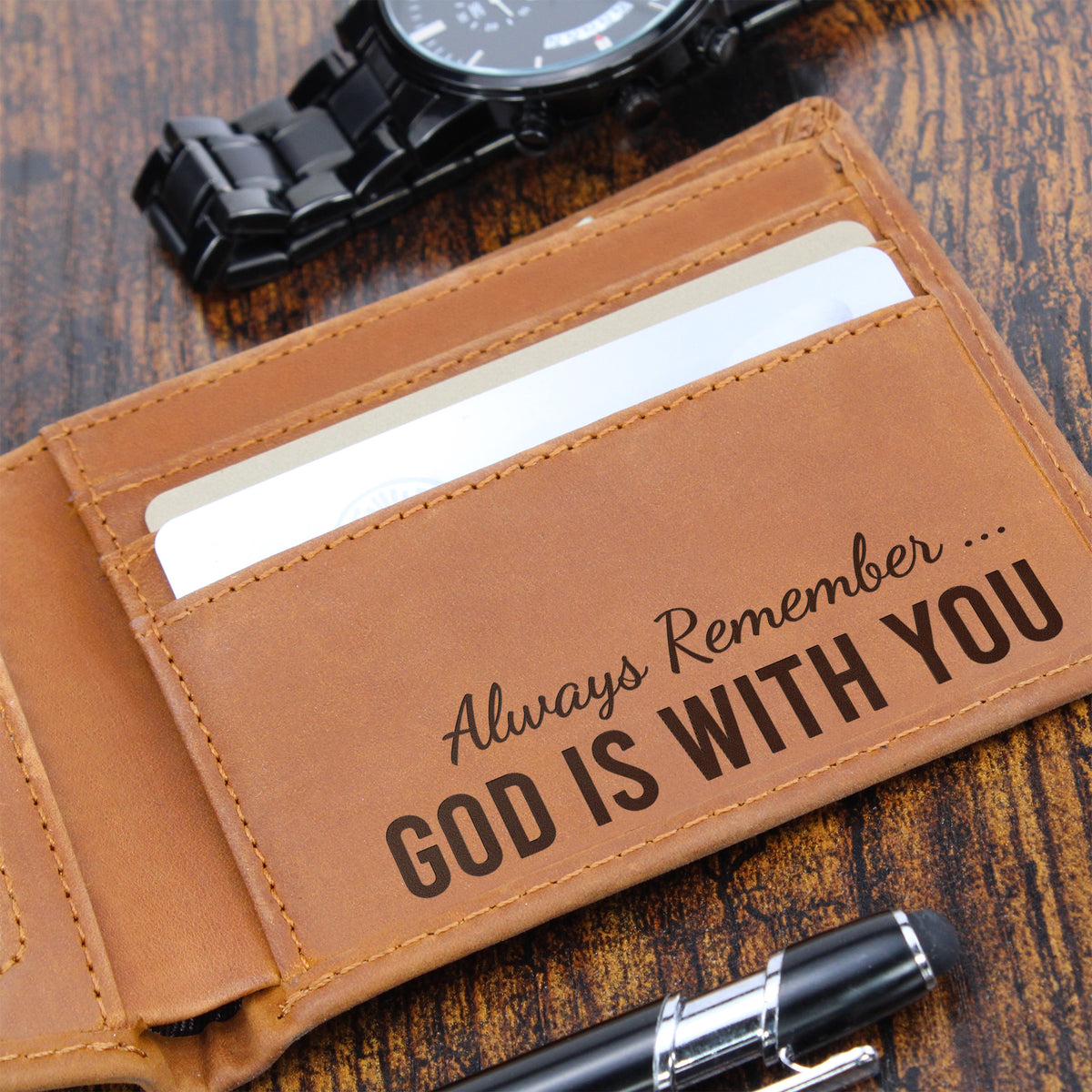 God Is With You Wallet - Joshua 1:9 Gifts for Men - Christian Leather Wallet for Husband