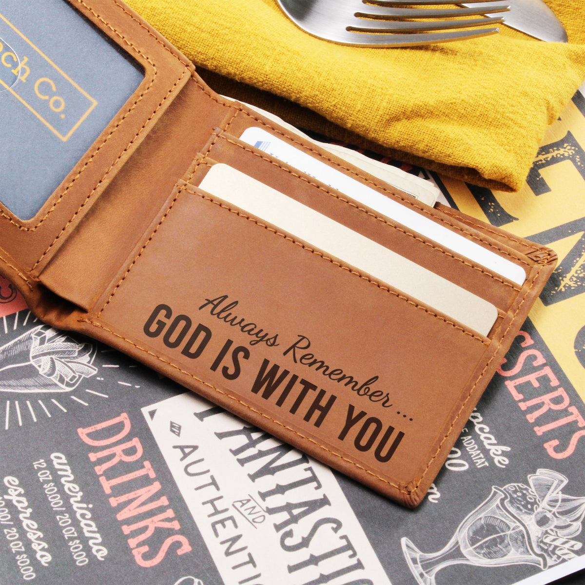 God Is With You Wallet - Joshua 1:9 Gifts for Men - Christian Leather Wallet for Husband