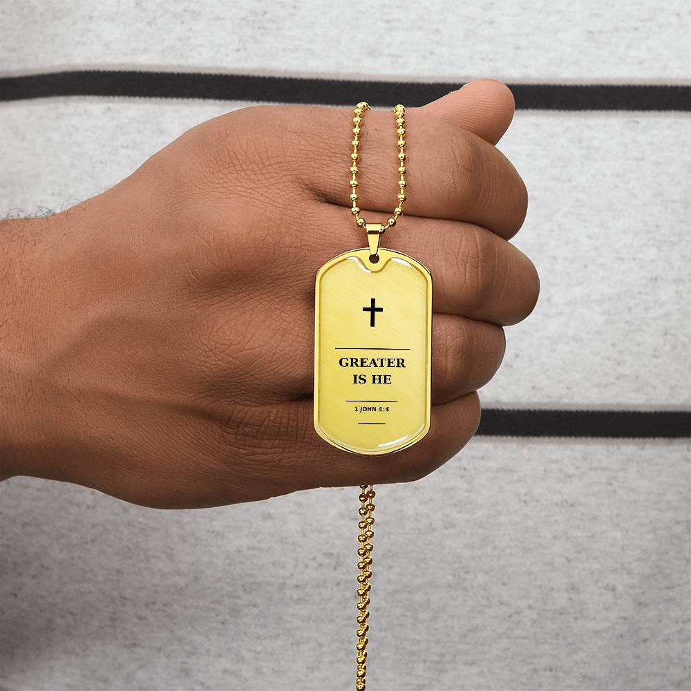Greater Is He 1 John 4_4 Dog Tag Necklace - Personalized Christian Gift