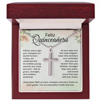 Load image into Gallery viewer, Silver cross ffor Quinceañera 15th birthday in luxury mahogany LED box
