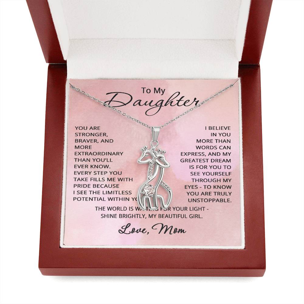 To My Daughter Necklace from Mom Daughter Gift for Christmas Birthday Giraffe Pendant Jewelry Stronger Braver