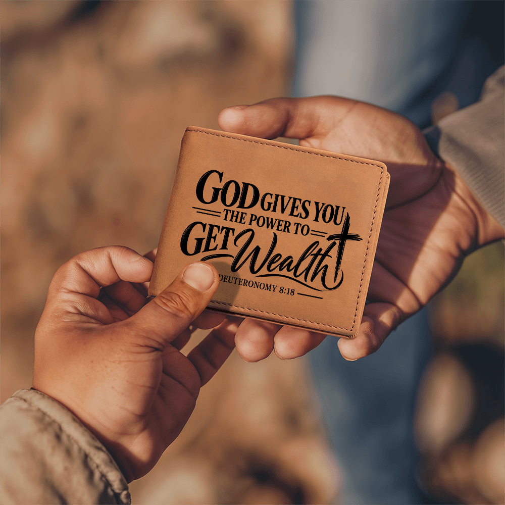 Deuteronomy 8:18 Leather Wallet for Men - God Gives You Power to Get Wealth - Christian Money Blessing Gift