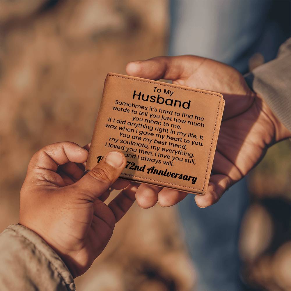 72nd Anniversary Wallet for Husband – To My Husband Gift Engraved Genuine Leather Bifold Wallet from Wife - 72 Years Anniversary