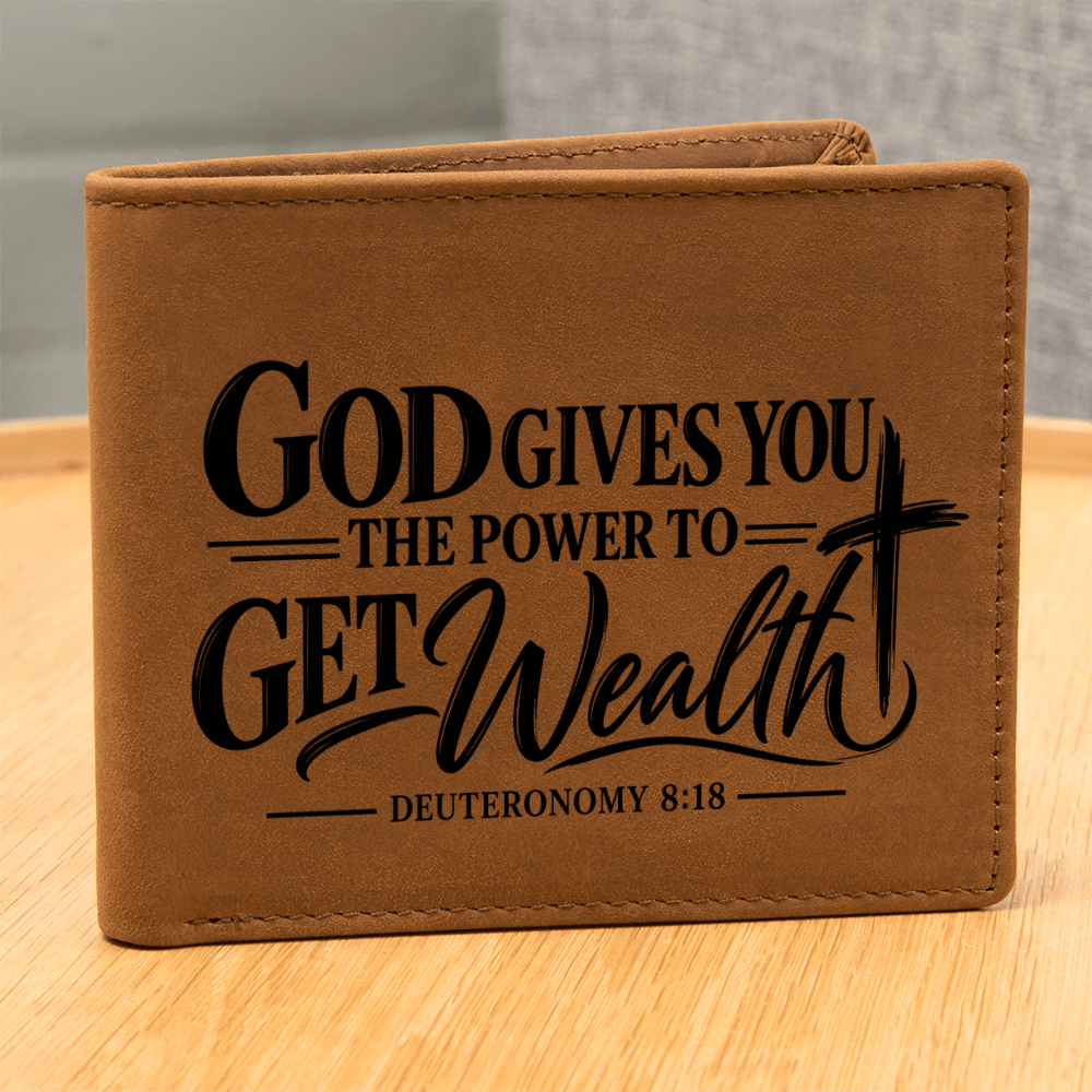 Deuteronomy 8:18 Leather Wallet for Men - God Gives You Power to Get Wealth - Christian Money Blessing Gift