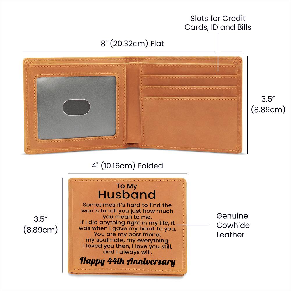 44th Anniversary Wallet for Husband – To My Husband Engraved Genuine Leather Bifold Wallet from Wife - 44 Years Anniversary