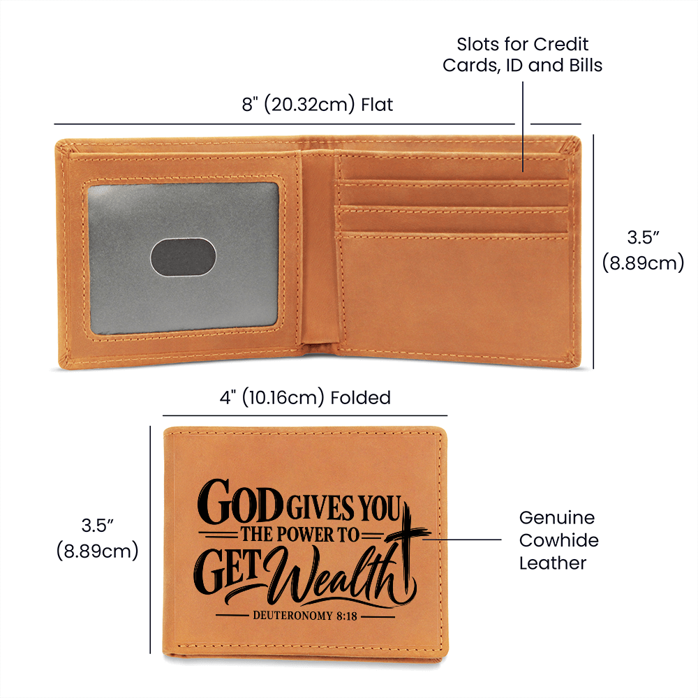 Deuteronomy 8:18 Leather Wallet for Men - God Gives You Power to Get Wealth - Christian Money Blessing Gift