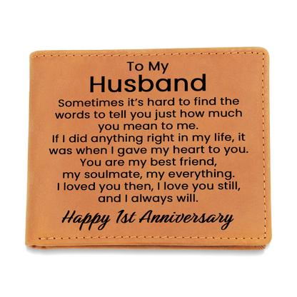 1st Anniversary Wallet for Husband – To My Husband Engraved Genuine Leather Bifold Wallet from Wife - 1 Year Anniversary