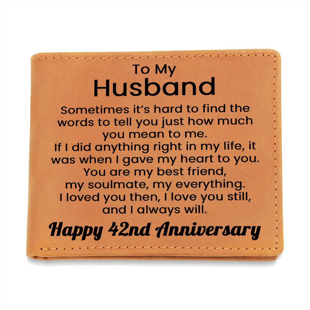 42nd Anniversary Wallet for Husband – To My Husband Engraved Genuine Leather Bifold Wallet from Wife - 42 Years Anniversary