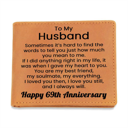 69th Anniversary Wallet for Husband – To My Husband Engraved Genuine Leather Bifold Wallet from Wife - 69 Years Anniversary