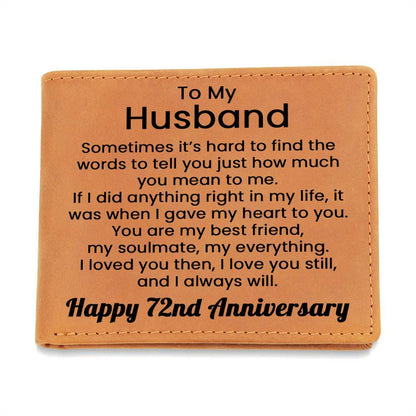 72nd Anniversary Wallet for Husband – To My Husband Gift Engraved Genuine Leather Bifold Wallet from Wife - 72 Years Anniversary