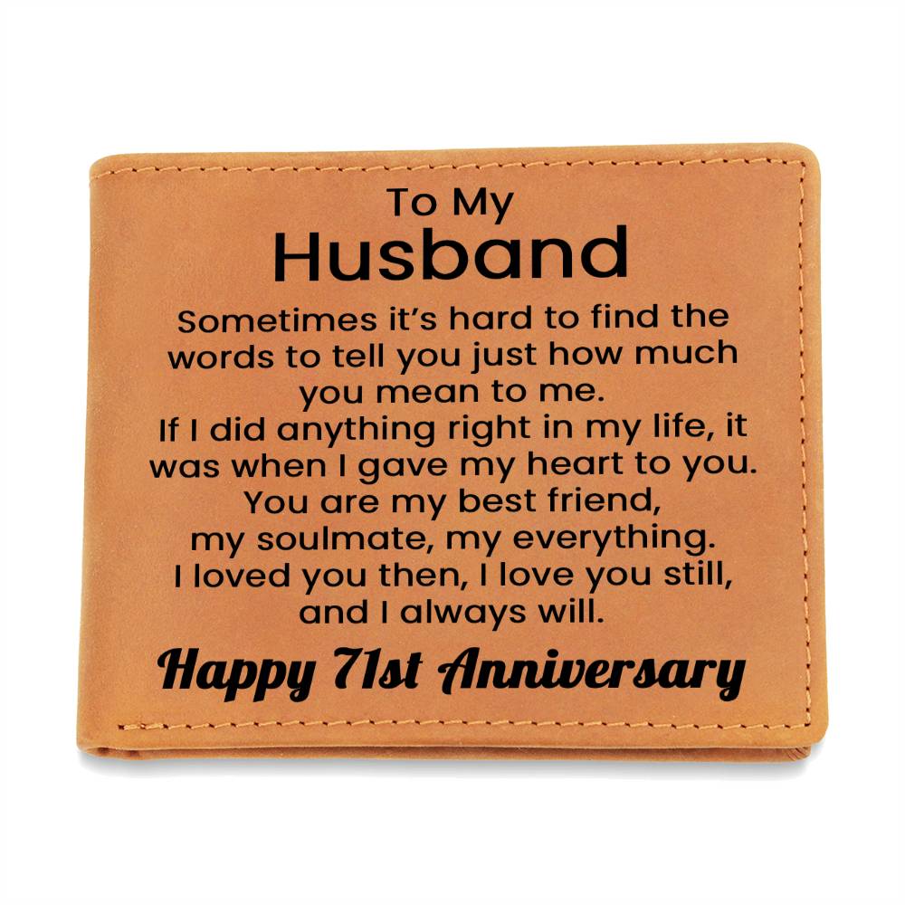 71st Anniversary Wallet for Husband – To My Husband Engraved Genuine Leather Bifold Wallet from Wife - 71 Years Anniversary
