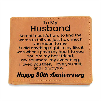 80th Anniversary Wallet for Husband – To My Husband Gift Engraved Genuine Leather Bifold Wallet from Wife - 80 Years Anniversary
