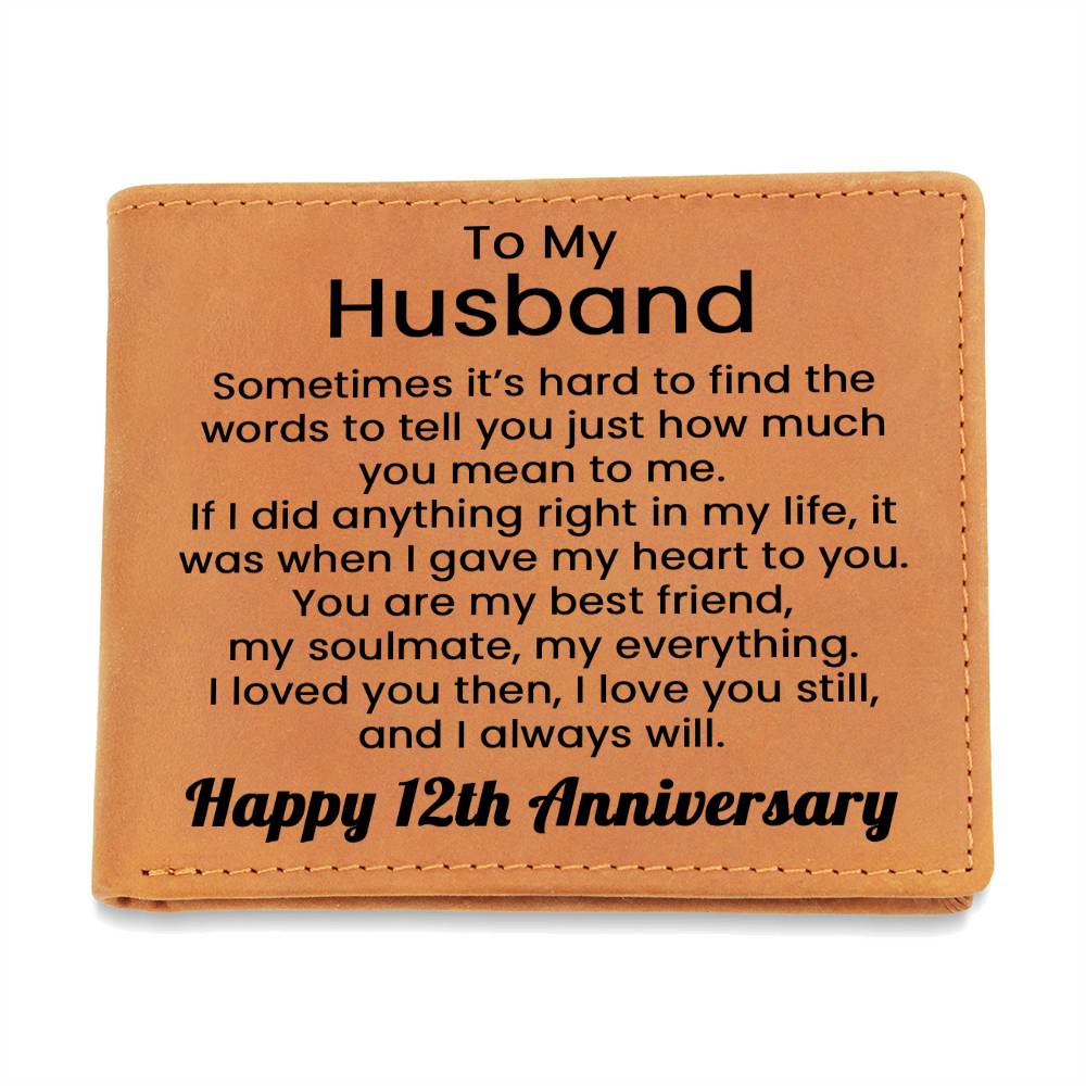 12th Anniversary Wallet for Husband – To My Husband Engraved Genuine Leather Bifold Wallet from Wife - 12 Years Anniversary