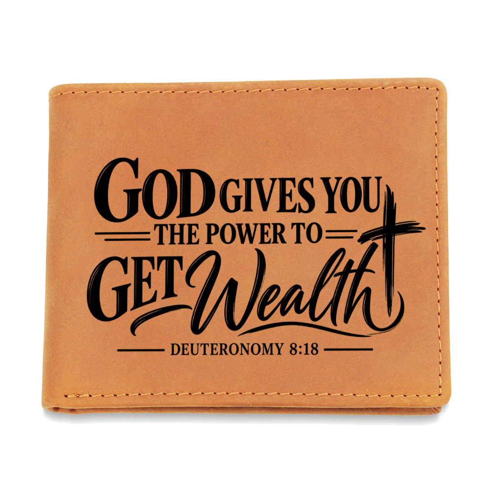 Deuteronomy 8:18 Leather Wallet for Men - God Gives You Power to Get Wealth - Christian Money Blessing Gift