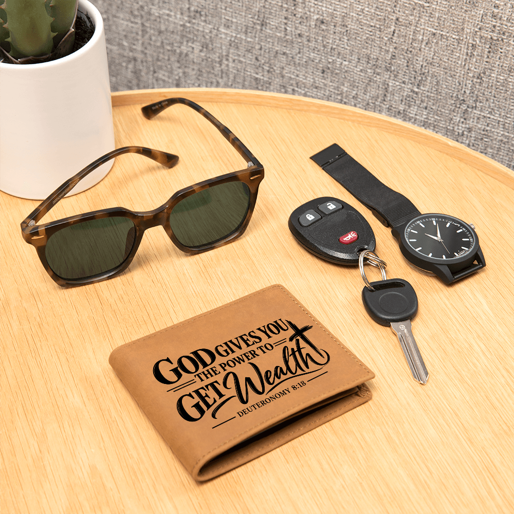 Deuteronomy 8:18 Leather Wallet for Men - God Gives You Power to Get Wealth - Christian Money Blessing Gift