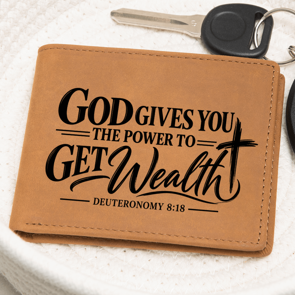 Deuteronomy 8:18 Leather Wallet for Men - God Gives You Power to Get Wealth - Christian Money Blessing Gift