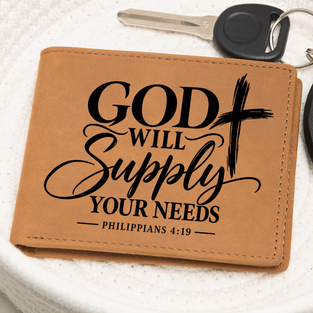 Christian Wallet for Men - Philippians 4:19 God Will Supply Your Needs - Bible Verse Leather Wallet