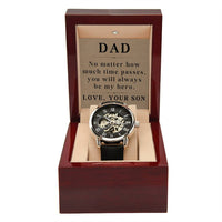 Load image into Gallery viewer, Son Christmas Gifts from Son Dad Son Jewelry Dad Watch from Son Dad Fathers Day Gifts from Son Birthday Gifts No Matter How Much Time Passes You Will Always Be My Hero Men's Openwork Watch ShineOn Fulfillment
