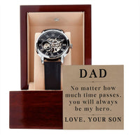 Load image into Gallery viewer, Son Christmas Gifts from Son Dad Son Jewelry Dad Watch from Son Dad Fathers Day Gifts from Son Birthday Gifts No Matter How Much Time Passes You Will Always Be My Hero Men's Openwork Watch ShineOn Fulfillment
