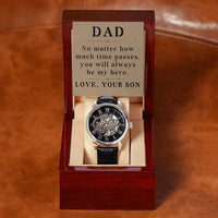 Load image into Gallery viewer, Son Christmas Gifts from Son Dad Son Jewelry Dad Watch from Son Dad Fathers Day Gifts from Son Birthday Gifts No Matter How Much Time Passes You Will Always Be My Hero Men's Openwork Watch ShineOn Fulfillment
