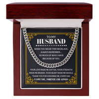 Load image into Gallery viewer, Polished stainless steel cuban link chain for husband in mahogany box with romantic wife message card

