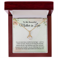 Load image into Gallery viewer, Gold ribbon pendant for mother-in-law in mahogany luxury box with sentimental message card
