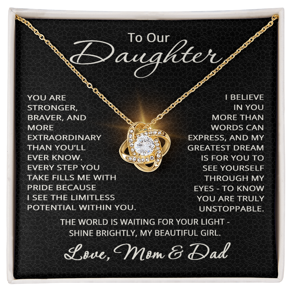 To Our Daughter Necklace – Gift from Mom and Dad – Love Knot Pendant for Birthday or Christmas